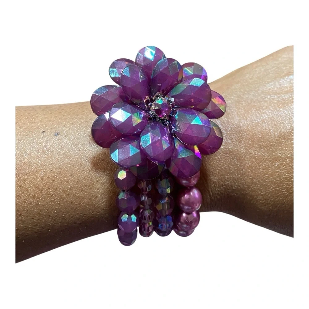 Vintage Purple Beaded Flower Bracelet